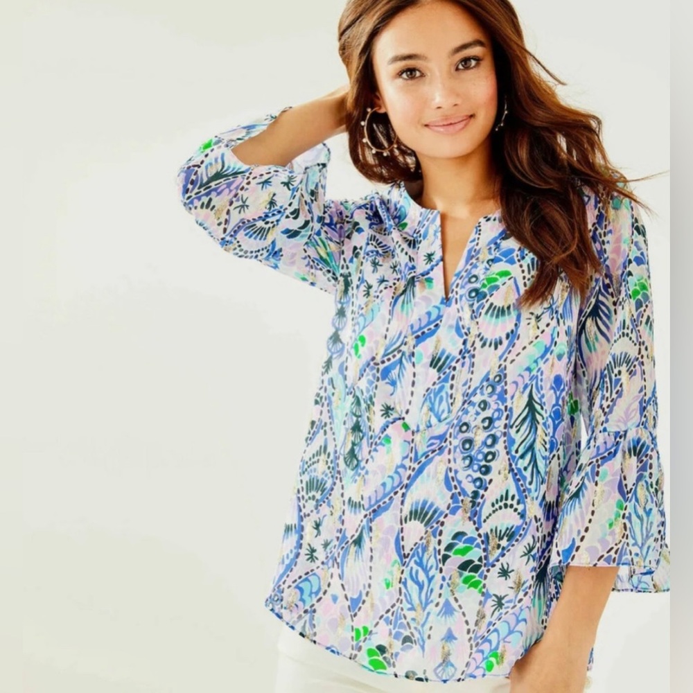 Lilly Pulitzer SILK Tails Of‎ The Sea Elenora Top Coastal Blue Mermaid Gold XS